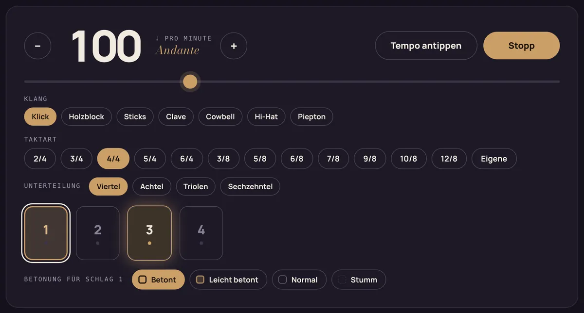 Metronom mit Tempo 100, Taktart 4/4 und betonten Schlägen