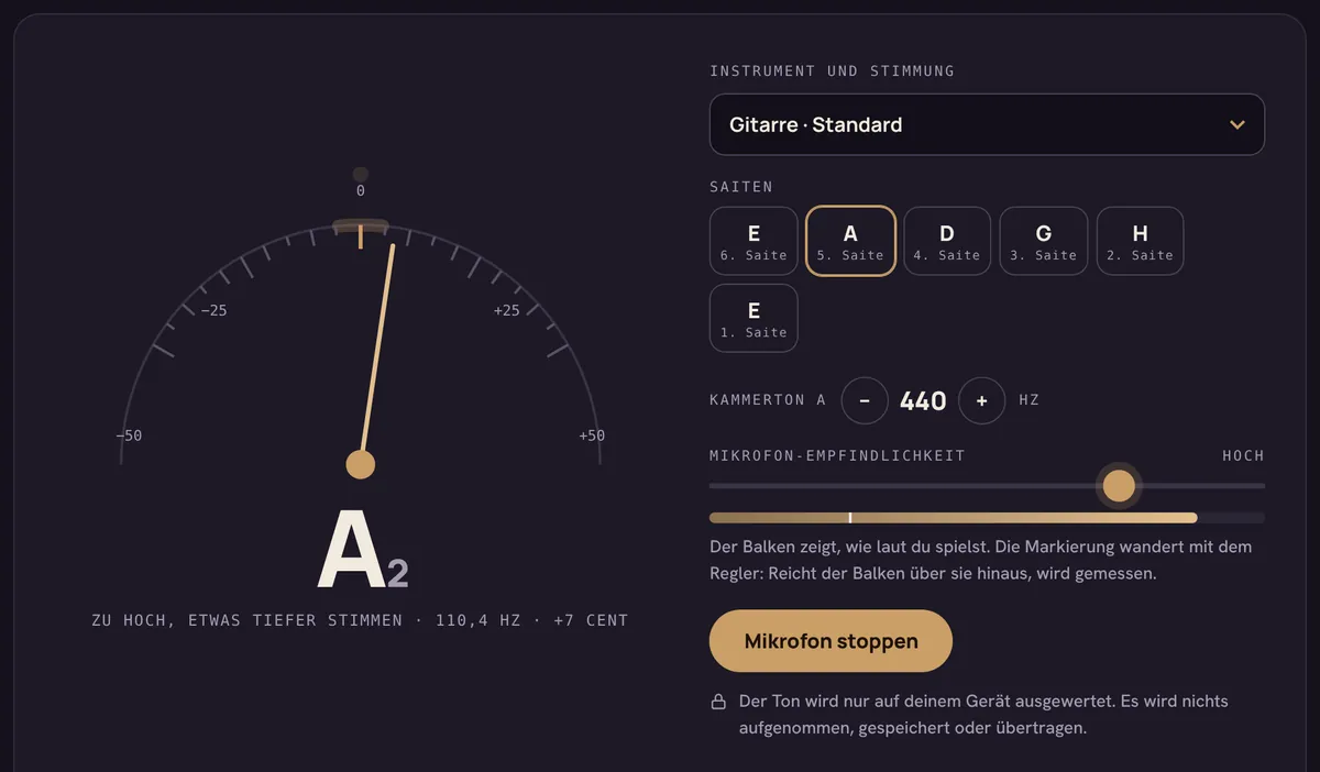 Stimmgerät zeigt A2, etwas zu hoch