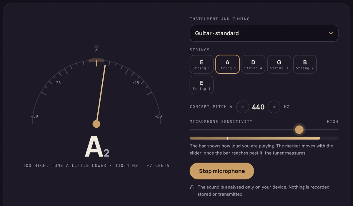 Tuner showing A2, slightly sharp