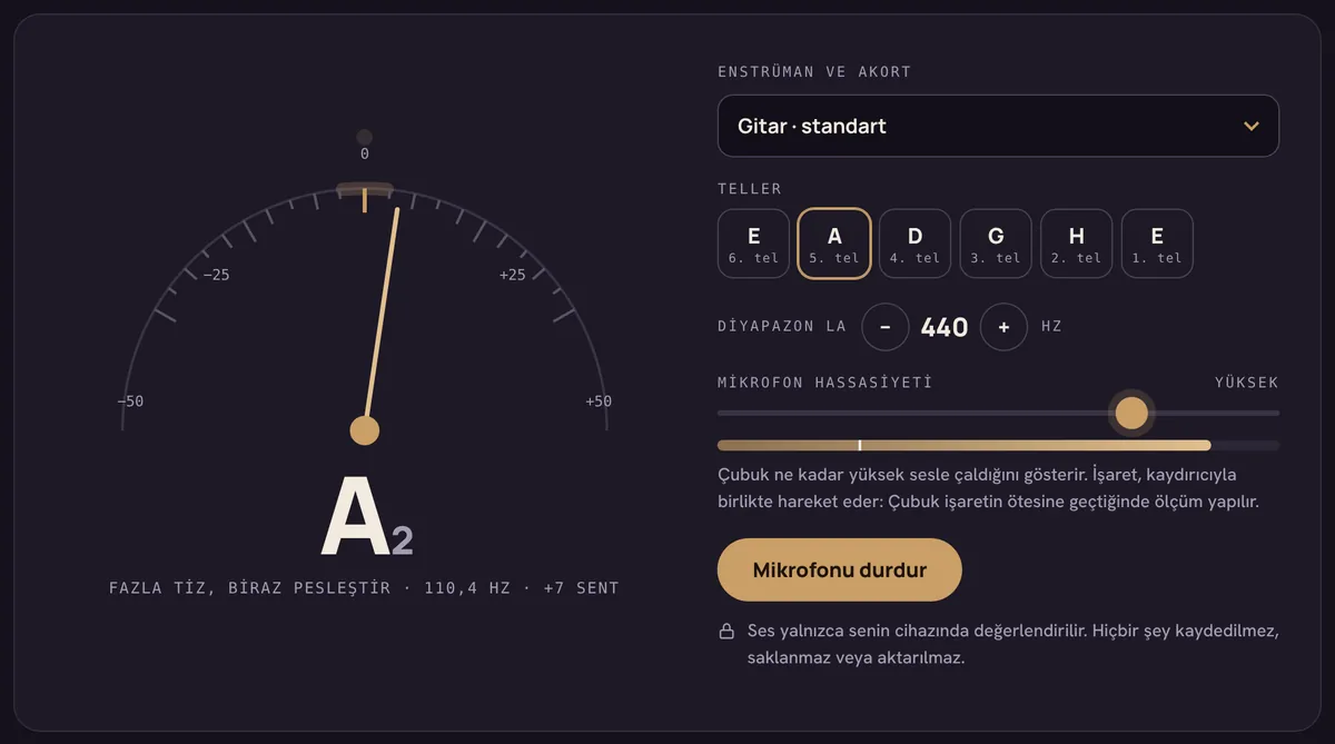 A2’yi biraz tiz gösteren akort cihazı